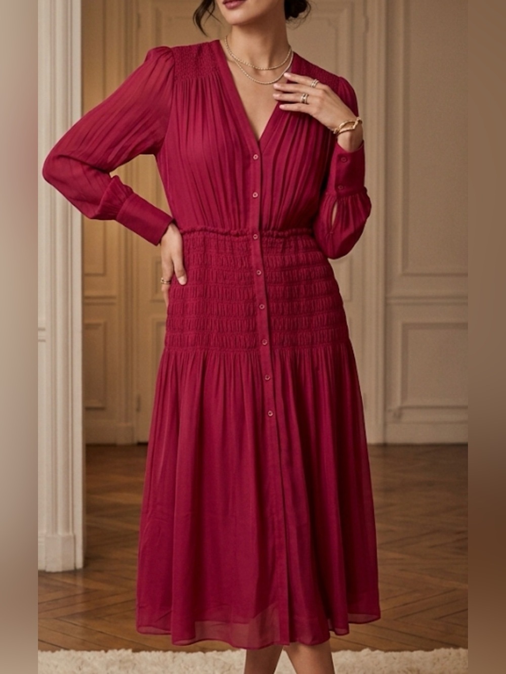 Jason‎ Wu Womens Red Pink Smocked Waist V-Neck Button Front Midi Dress Size 10